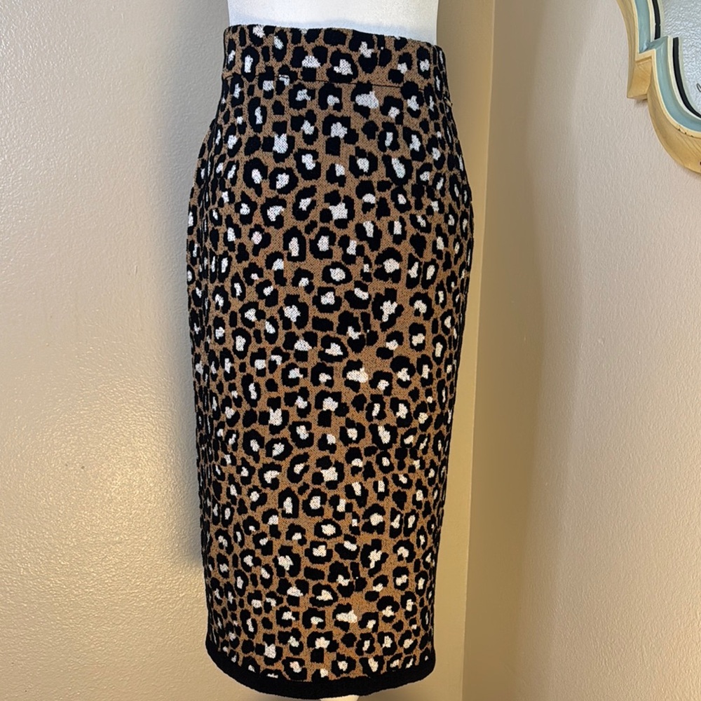 MICHAEL Michael Kors Leopard Knit Black and Tan Midi Pencil Skirt